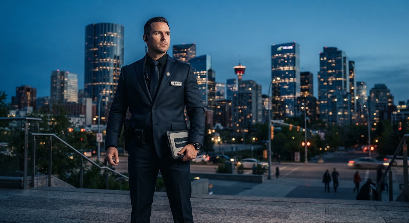 A professional security operative in a sharp dark suit standing with authoritative posture, with the Calgary skyline bathed in cool blue dusk light behind them.