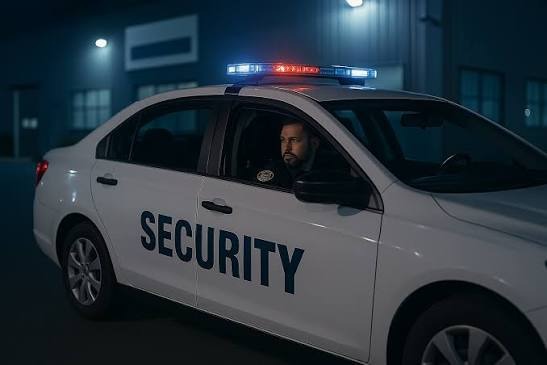 A white security patrol vehicle with an illuminated red-and-blue emergency light bar and 'SECURITY' branding, with a uniformed officer visible in the driver's seat, parked at an industrial facility at night.